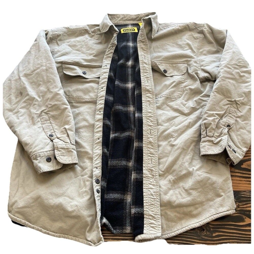 Stanley Work Shirt Jacket Mens XL Tan Flannel Lined Heavy Cotton Button Up